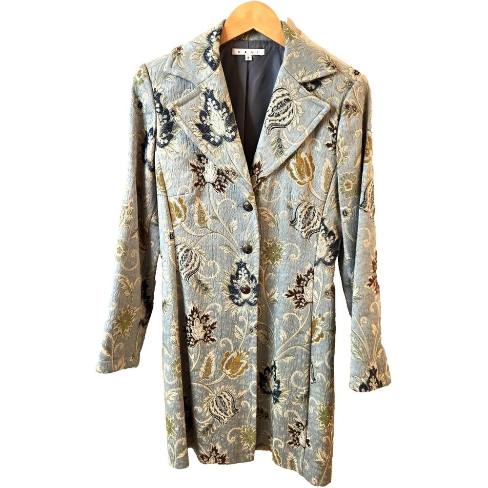 Cabi 371 Brocade Jacquard Floral Opera Coat Blue Gold Statement Jacket 4